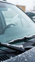Snow-covered car windshield with snowflakes on winter morning  