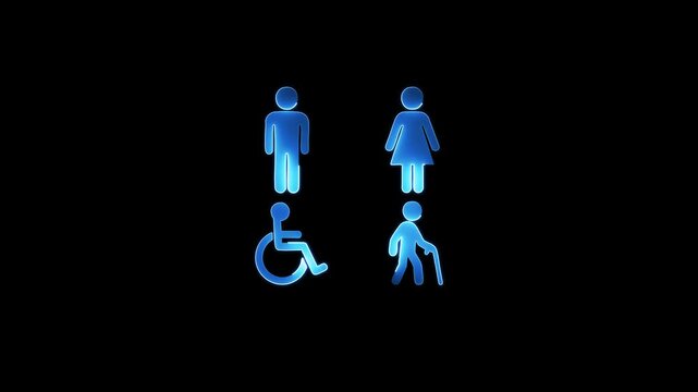 neon glowing wheelchair accessibility sign icon on black background. Modern disability symbol for hospital, healthcare, public places, restroom access, inclusive design, digital illustration, safety.