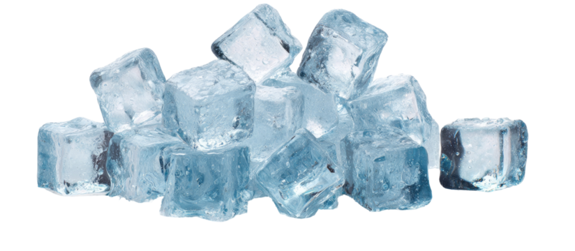 A pile of clear, frosty ice cubes