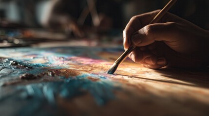 Obraz premium Image of a person's hand painting on a canvas, with brightly colored lines and an emphasis on the artistic process.
