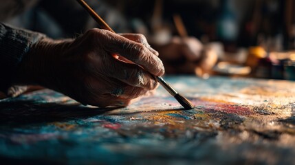 Obraz premium Image of a person's hand painting on a canvas, with brightly colored lines and an emphasis on the artistic process.