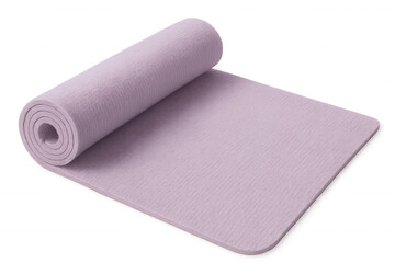 Purple yoga mat partially unrolling, positioned on clean background, supporting wellness and fitness practice