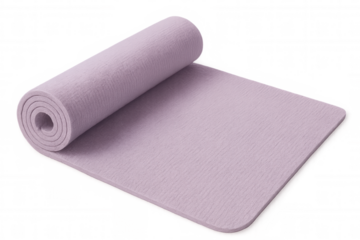 Purple yoga mat partially unrolling, positioned on clean background, supporting wellness and fitness practice