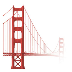 Obraz premium A minimalist 2D flat vector illustration depicts the Golden Gate Bridge on a foggy morning, emphasizing its iconic towers and suspension cables with clean lines and solid colors.
