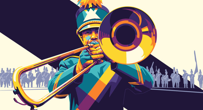 A colorful pop art style illustration of a musician in a marching band uniform playing the trombone during a parade.