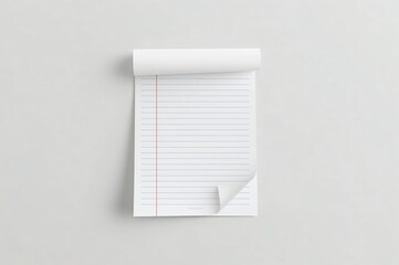 Rolled notepad with light blue lines, red margin, and a subtly curled bottom page corner sits on a plain white background