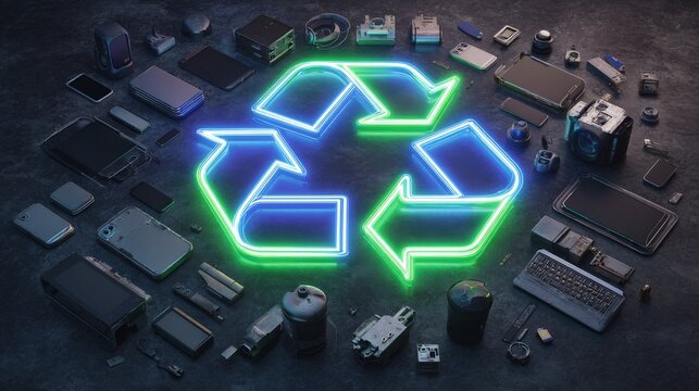 E-Waste Recycling Initiatives for a Sustainable Future, Recycling symbol surrounded by electronic devices, emphasizing sustainability and technology.