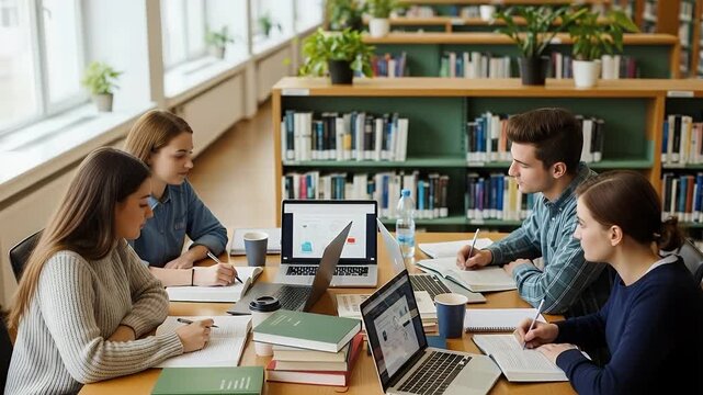 Young diverse students studying together in a university library, using laptops for research and discussion, focused on academic work.