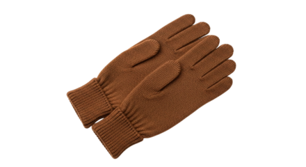 Pair of warm brown knitted gloves with ribbed cuffs, for autumn and winter fashion, isolated on white and transparent background
