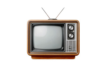 Retro television set, light beige/wood cabinet, black metal accents, blank screen, vintage antenna