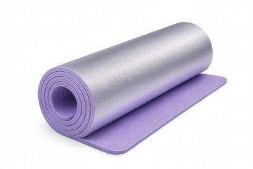 Purple yoga mat rolling, symbolizing fitness commitment and holistic wellness journey