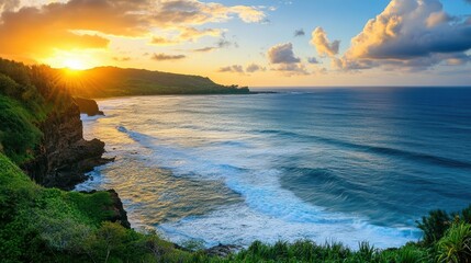 Fototapeta premium Coastal sunrise with gentle rolling waves 