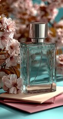 Square perfume bottle beside pink blossoms