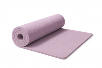 Purple yoga mat rolled tightly, lying on transparent background, signaling wellness and physical fitness preparation