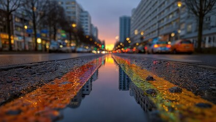 City street reflection in puddle at sunset