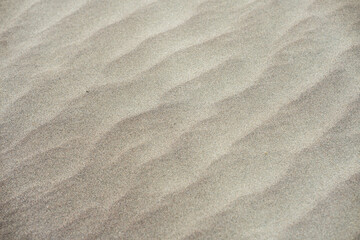 Close-up of rippled sand dunes, showing texture and natural patterns. Uneven sand texture, beach background, top down view. Closeup shot of sand texture on the beach as background.