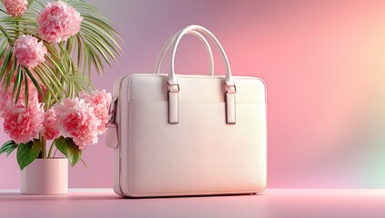 White leather handbag sits beside pink flowers on pink background