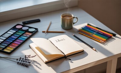 Artist's desk with paints, colored pencils, notebook, and warm coffee