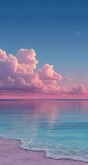 Tranquil pink sunset over calm ocean, soft sand