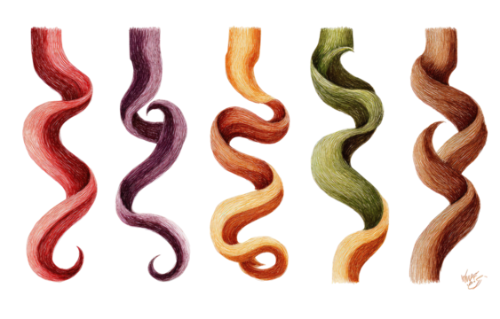 Colorful wavy hair strands in various shades