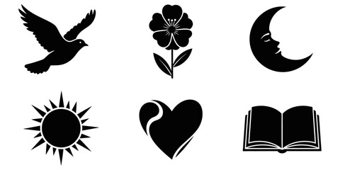 A versatile vector collection of six symbolic silhouette icons, featuring a dove, flower, crescent moon, sun, heart, and book.