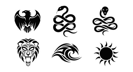 Intricate Tribal Designs, Featuring Eagles, Snakes, Lions, Waves, and Suns – Vector Art for Cultural Expression and Artistic Inspiration