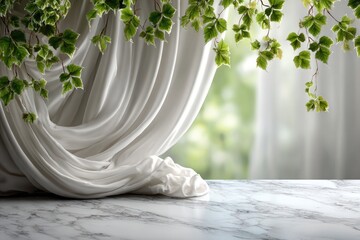 White drapes pool onto marble surface, lush green foliage frames a blurred background