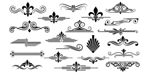 Elegant vector graphic collection, intricate scrollwork, classic fleur-de-lis, and decorative dividers, ideal for vintage design, refined typography, and graphic projects.