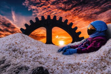 Astronaut reclines in white substance, gazing at sunset through a large gear