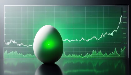 A white egg with a green light in front of a financial chart showing an upward trend in green color