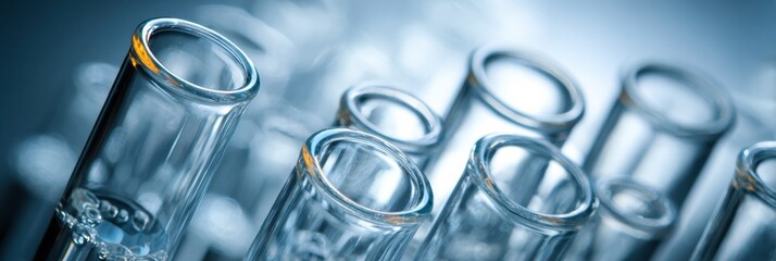 Collection of Clear Glass Test Tubes Arranged in a Laboratory Environment With a Soft Blue Lighting Effect Enhancing Their Transparency