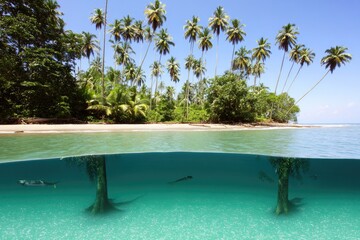 Tropical beach split view, above and below waterline, showing palm trees, sand, and clear water with fish