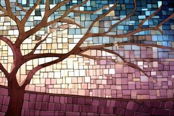 Mosaic artwork depicting a tree against a colorful, square-tiled background