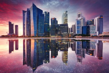 City skyline reflected in calm water at sunrise/sunset