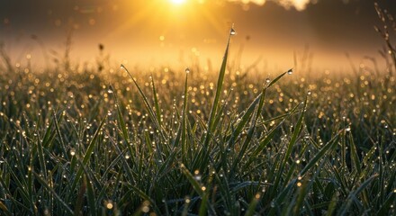 Obraz premium A field of dewy grass sparkles with morning light.