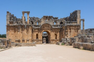 Ancient stone archway ruins, expansive courtyard, sunny day
