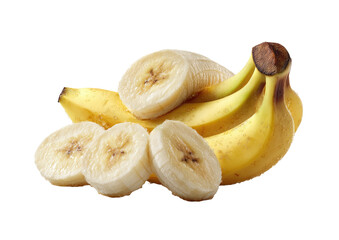 Ripe bananas, sliced.  Close-up of a bunch of yellow bananas with several slices cut from them.  The bananas are a light yellow color with visible flesh