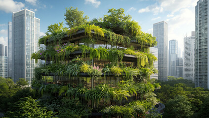 Fototapeta premium Green building with plants in an urban city, a modern architectural design.