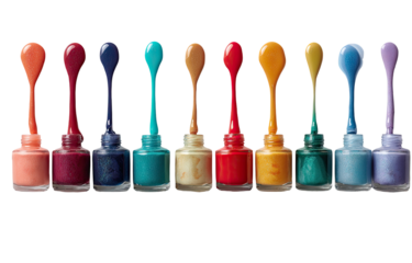 Colorful nail polish bottles in a row.  Long, flowing droppers