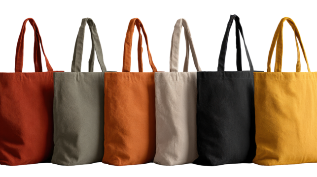 Row of six canvas tote bags in various earthy tones