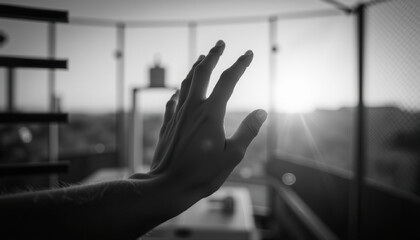 Hand reaching out towards the sunset on a balcony in black and white