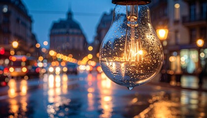 An illuminated lightbulb covered in raindrops with the blurred lights of a rainy city street creating a beautiful bokeh background