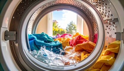Vibrant colorful clothes spinning in the wash cycle of a modern front-loading machine, with the door framing a bright sunny day