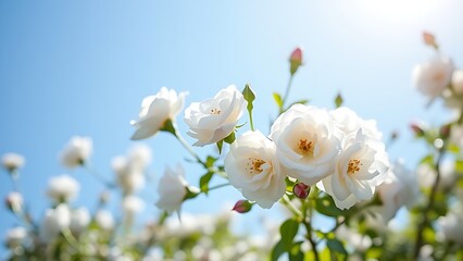 White bush roses against a blue sky, bright sunlight highlighting the flowers with gentle bokeh.