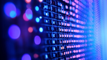 Close up of a server rack with blinking lights and a blue hue creating an abstract background