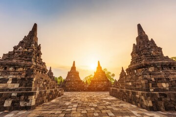 Fototapeta premium Ancient stone structures at sunset, pathway leads to central point