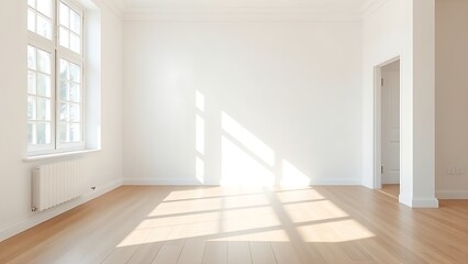 Minimalist living room with white walls and wooden flooring in natural diffused light.