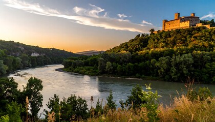 Fototapeta premium Panoramic view of a river winding through a landscape with a castle at sunset
