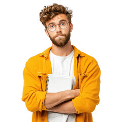 Thoughtful young man with notebook on transparent background