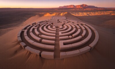 Circular maze on sand dune, distant mesas silhouetted at golden sunset